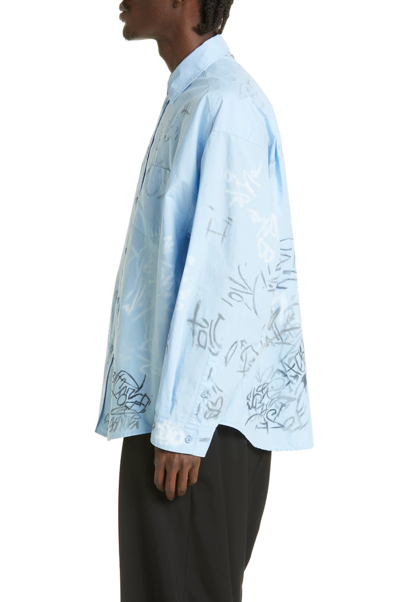 Gender Inclusive Graffiti Print Oversize Cotton Poplin Button-Up Shirt, Alternate, color, SKY BLUE