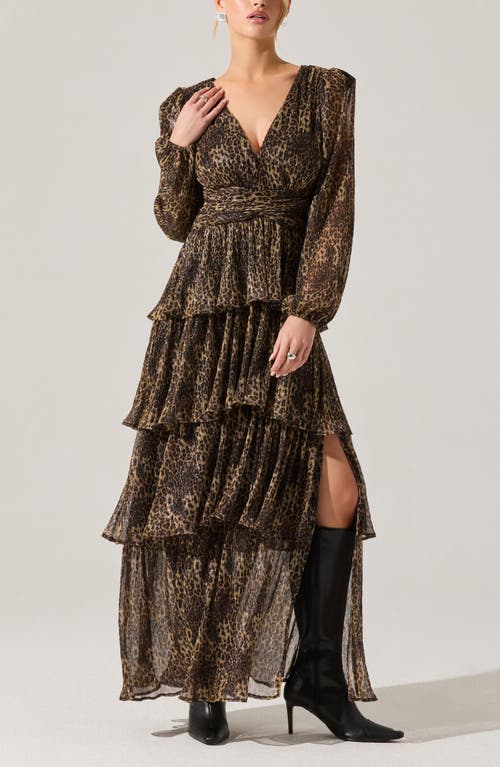 Astr The Label Anora Metallic Leopard Print Long Sleeve Dress In Brown