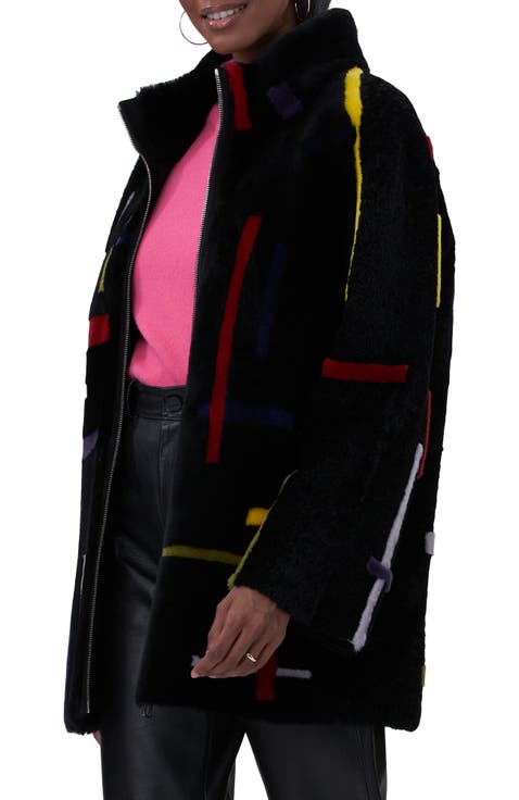 Genuine Shearling Zip Jacket With Abstract Intarsia