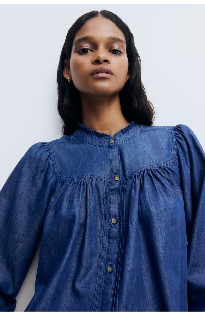 H&M Frill-trimmed Denim Blouse, Alternate, color, Dark Denim Blue