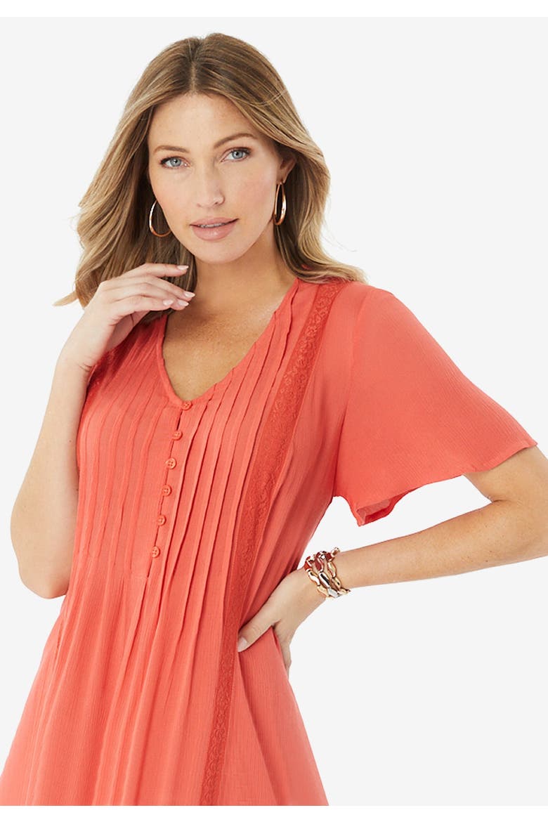 Hand Crinkled Lace Panelled Boho Dress, Alternate, color, DUSTY CORAL