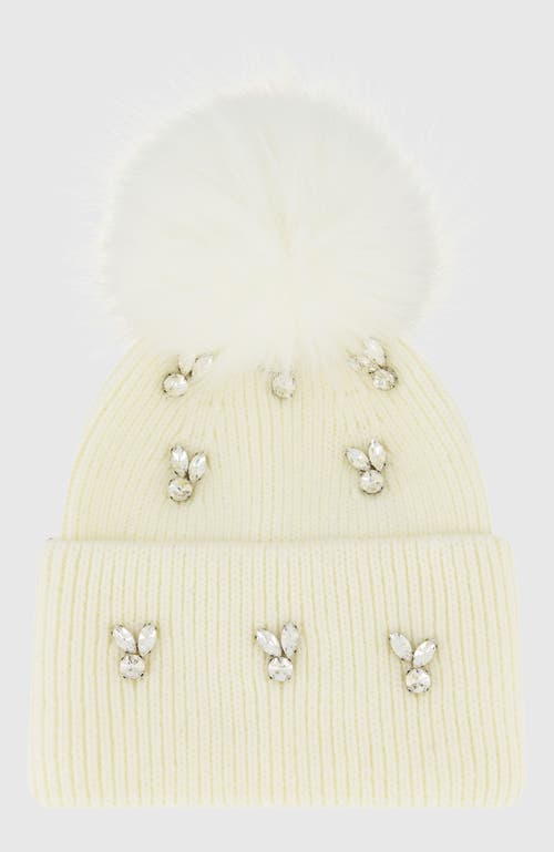 Lyla Grant Knit Hat With Fur-free Fox (faux Fur) Pompom In White