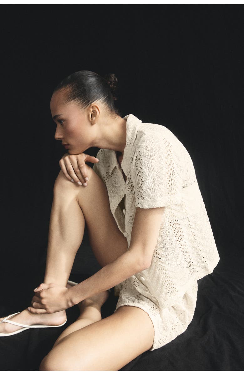 H&M Short-sleeved Crochet-look Shirt, Alternate, color, Cream