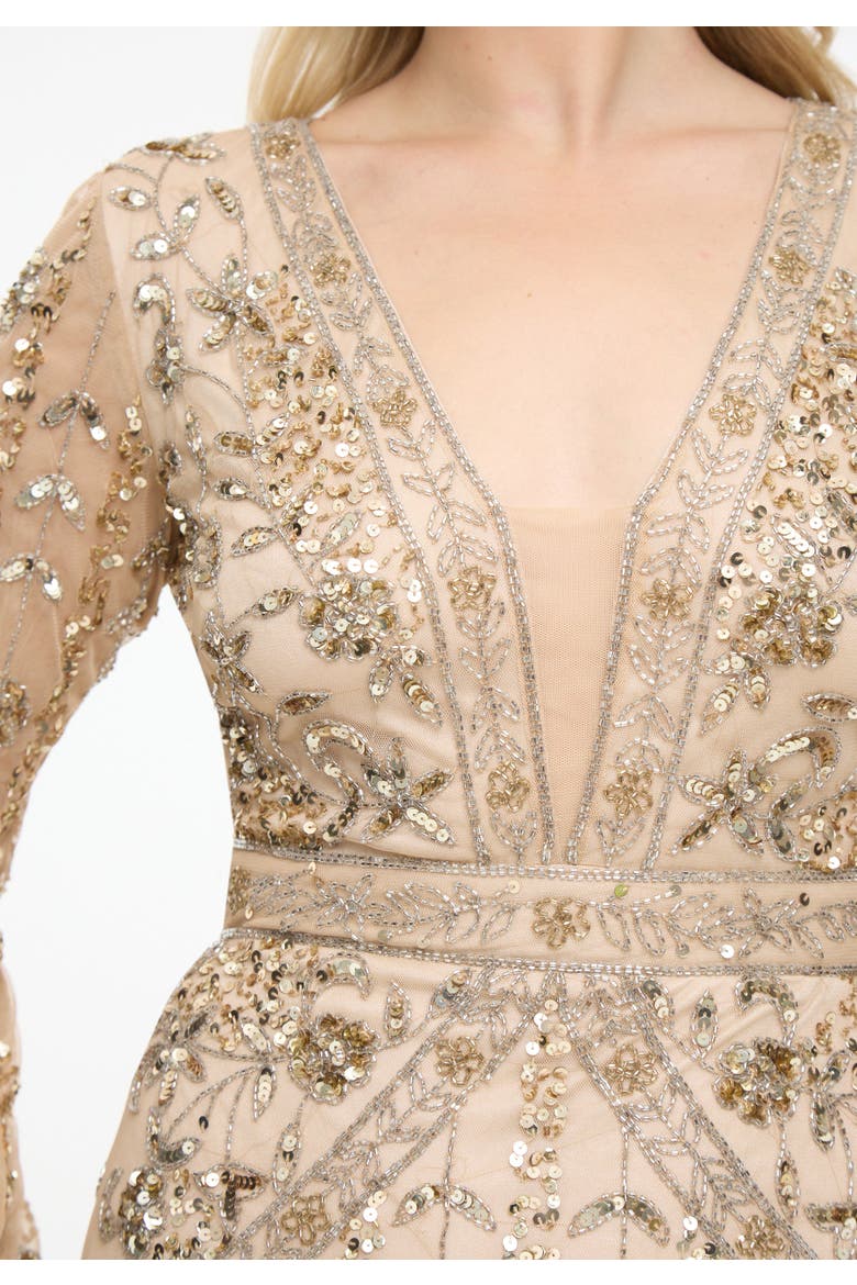 Embellished Sequin Beaded Maxi Dress With Designer Sleeves, Alternate, color, TAUPE BLUSH