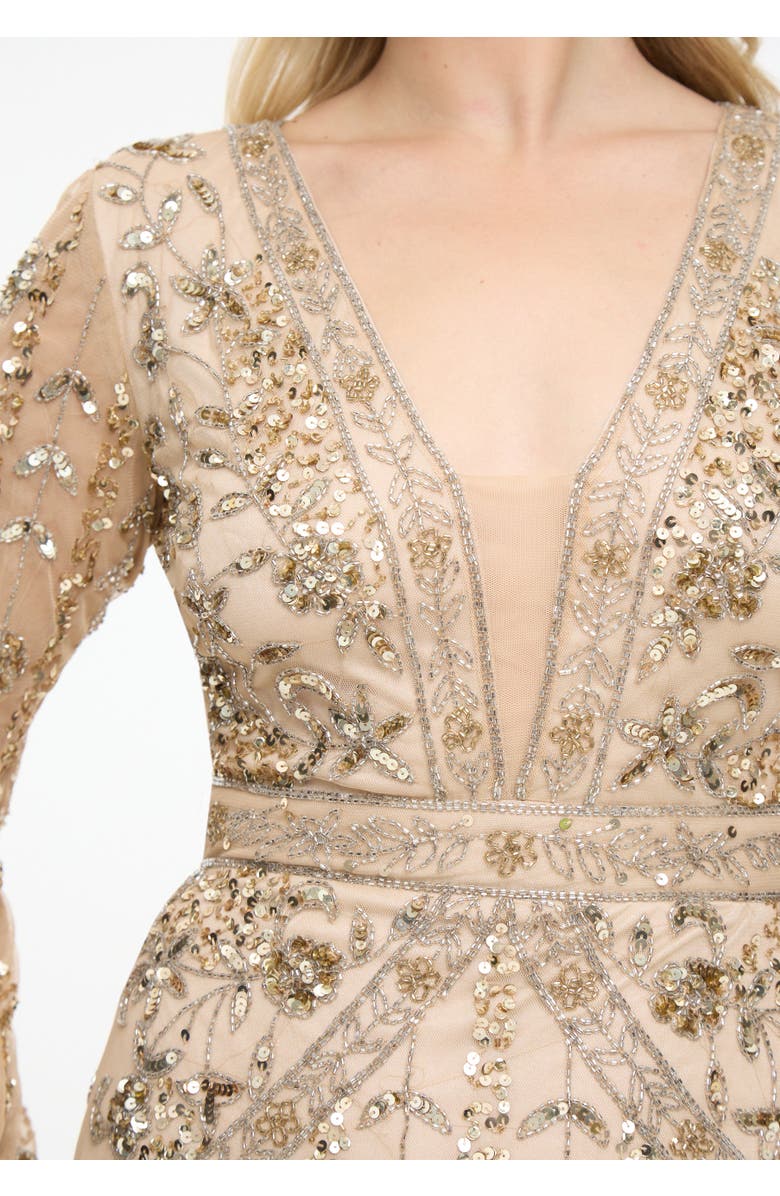 BEAUUT Embellished Sequin Beaded Maxi Dress With Designer Sleeves, Alternate, color, Taupe Blush