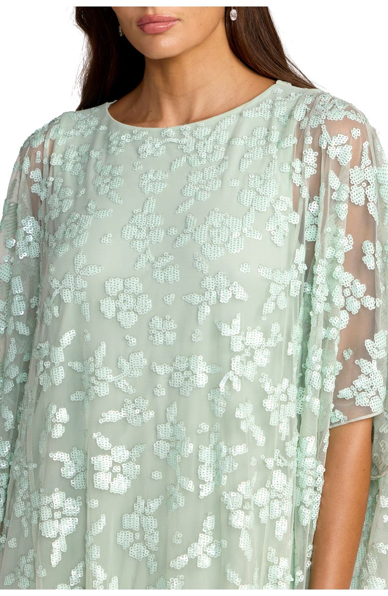 Mac Duggal Sequin Floral Cape Sleeve Caftan Gown, Alternate, color, Seafoam