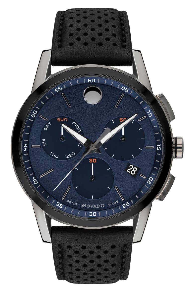 Museum Chronograph Leather Strap Watch, 43mm, Main, color, BLUE DIAL