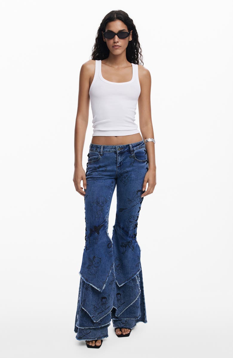 Desigual Cartoon Pattern Flare Jeans, Alternate, color, Blue