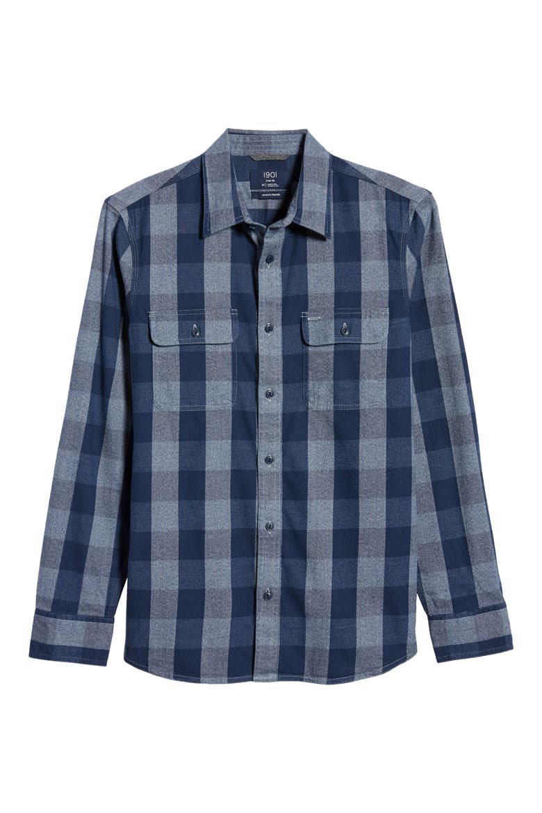 Trim Fit Buffalo Check Stretch Flannel Button-Up Shirt, Alternate, color, NAVY GREY JASPE BUFFALO