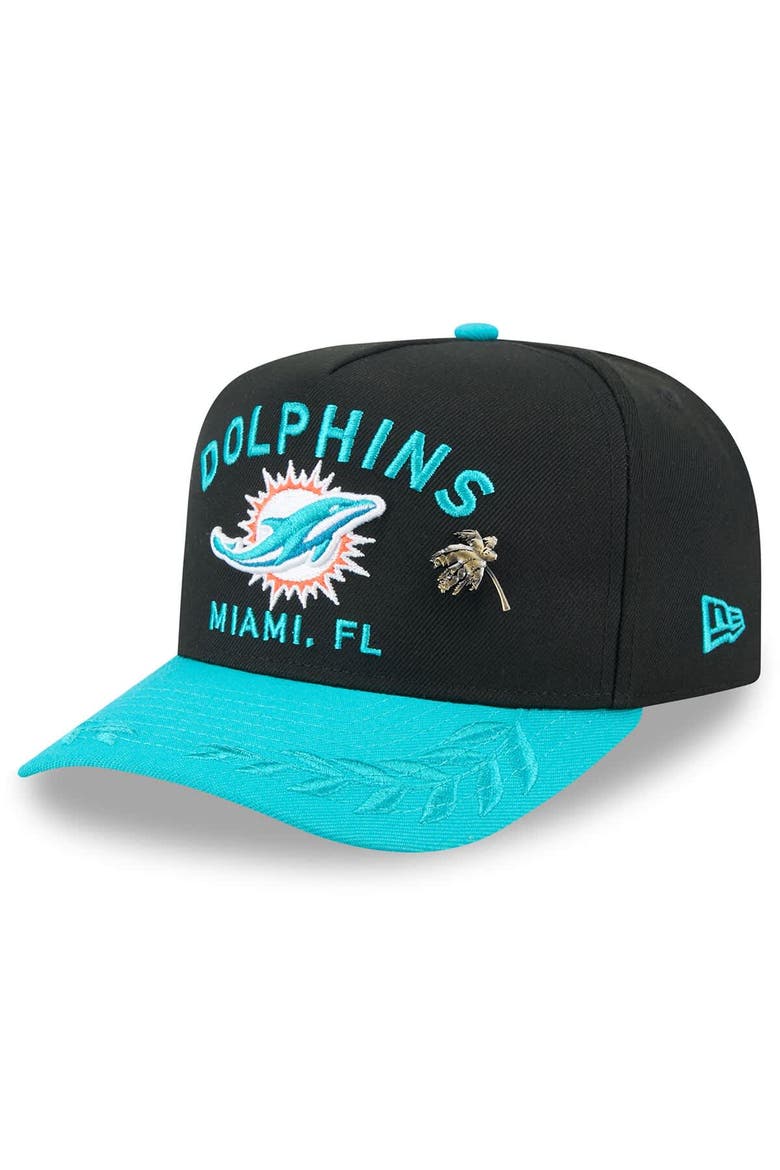 Men's New Era Black/Aqua Miami Dolphins 2025 NFL Draft On Stage A-Frame 59FIFTY Fitted Hat, Main, color, Black
