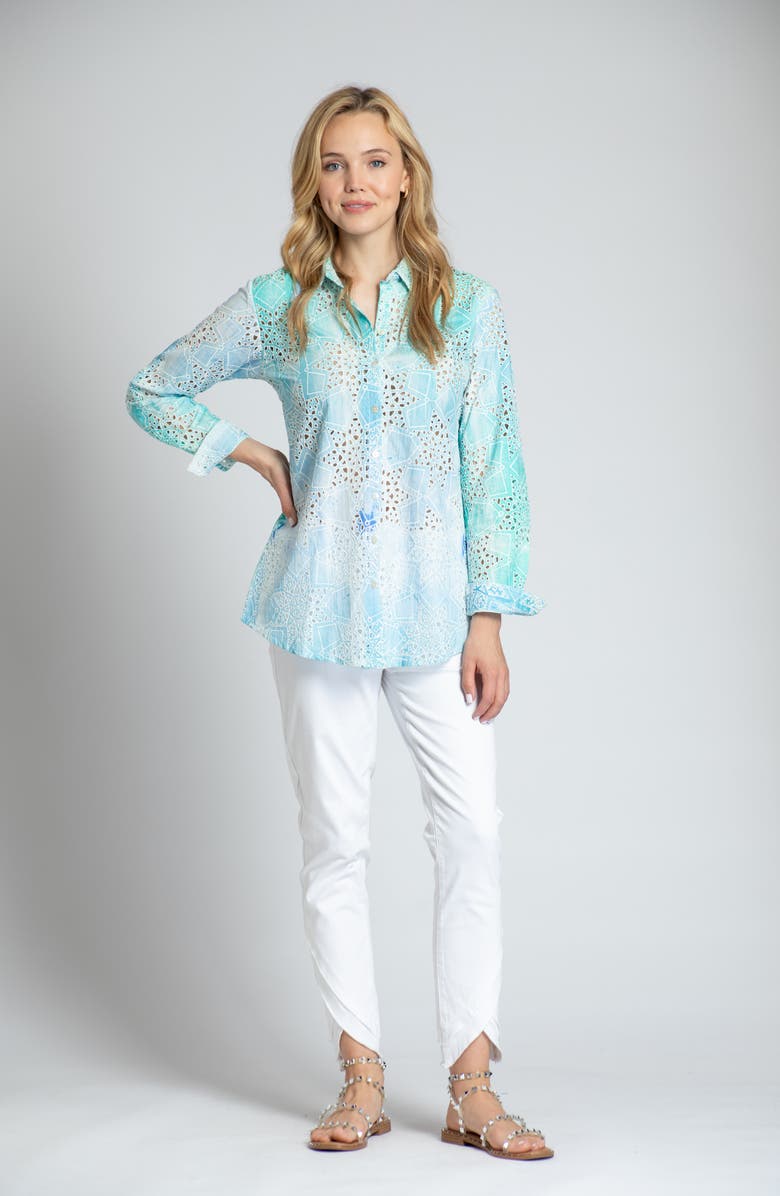 APNY Print Roll-Up Sleeve Cotton Eyelet Button-Up Shirt, Alternate, color, 
