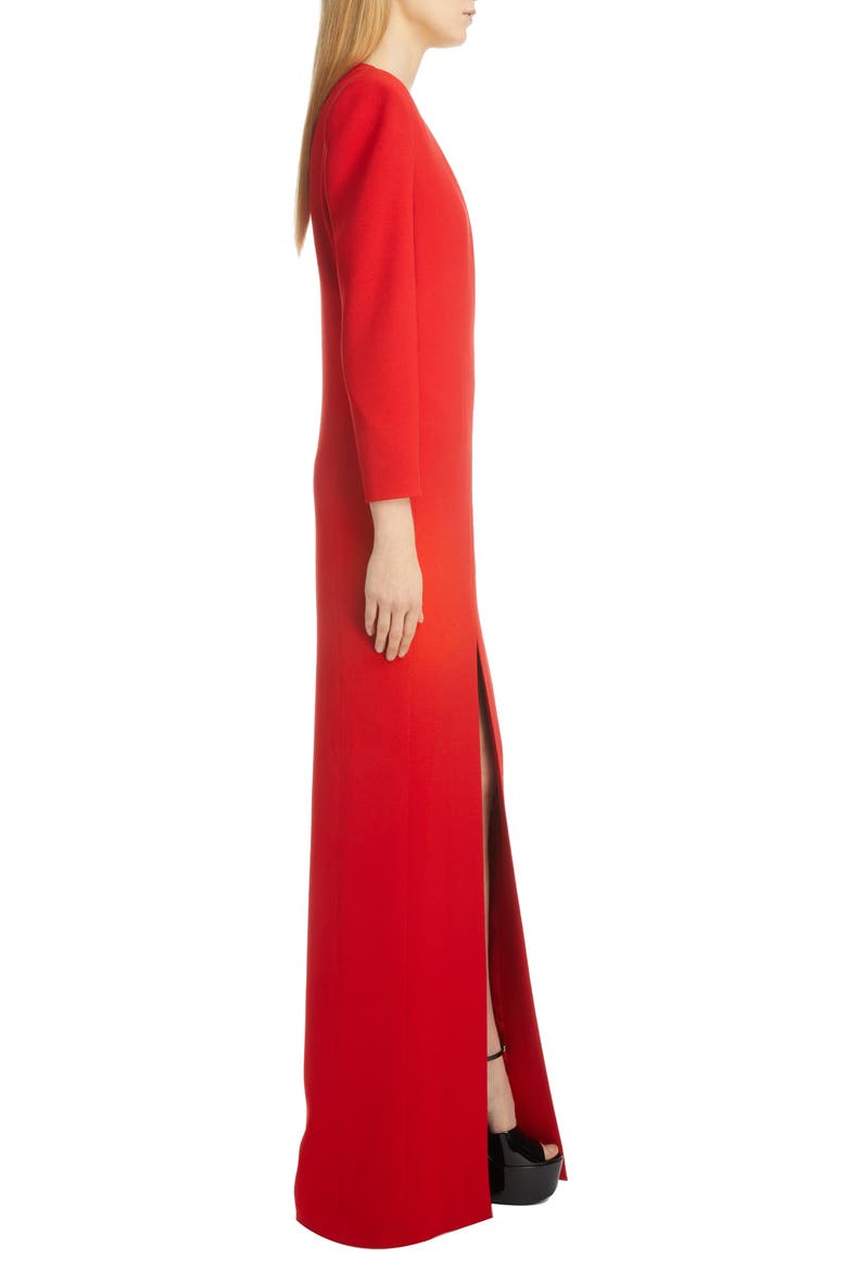 Plunge Neck Long Sleeve Crepe Satin Column Gown, Alternate, color, ROUGE