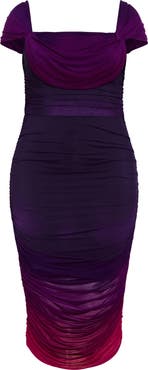 City Chic Ombré Ruched Square Neck Cap Sleeve Dress