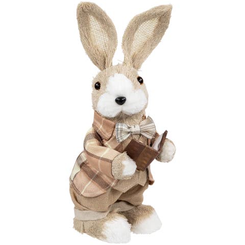 Boy Easter Rabbit Figurine With Plaid Jacket - 12" - Beige