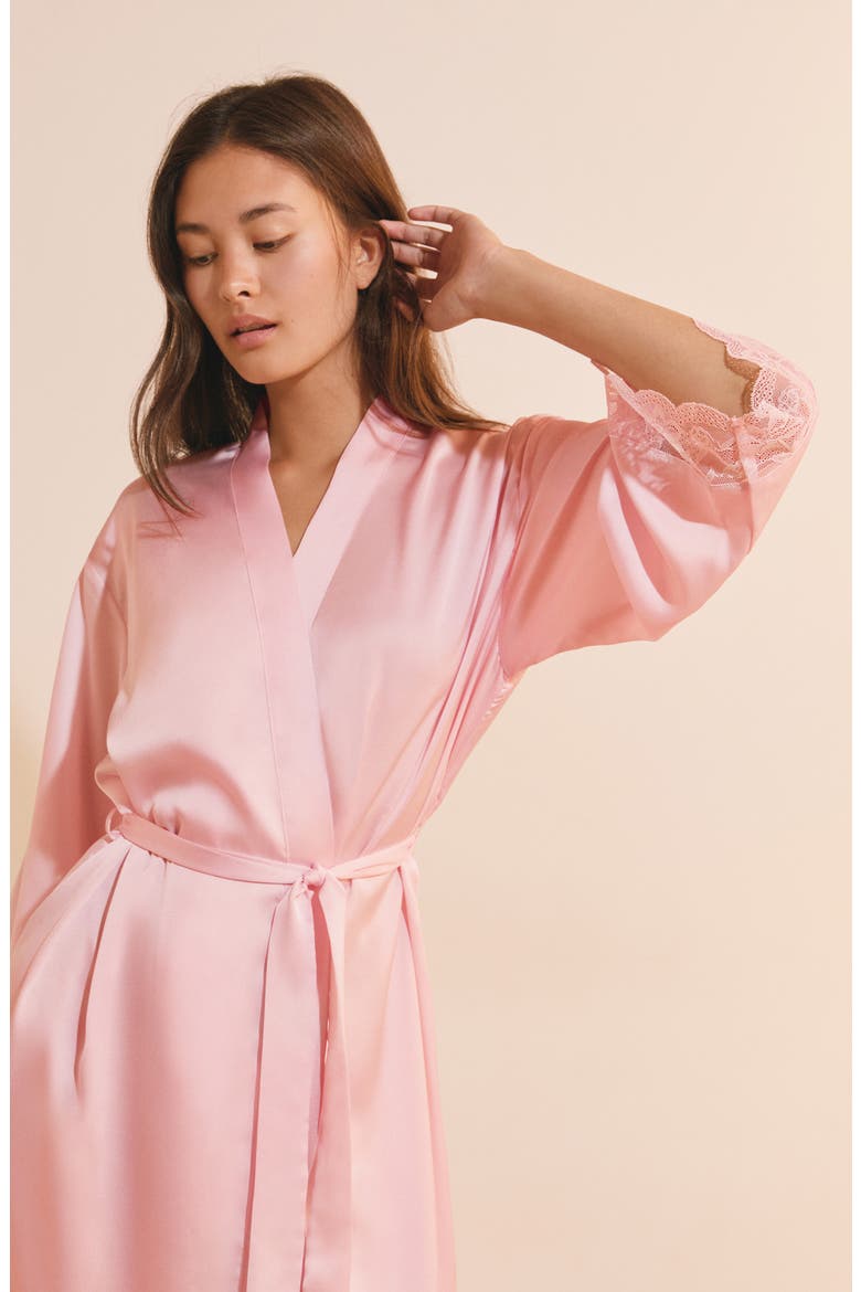 Desire Lace Trim Long Robe, Alternate, color, PINK