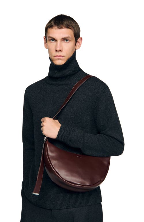 Sandro Mens Cognac Logo-embossed Small Leather Hobo Bag In Brown