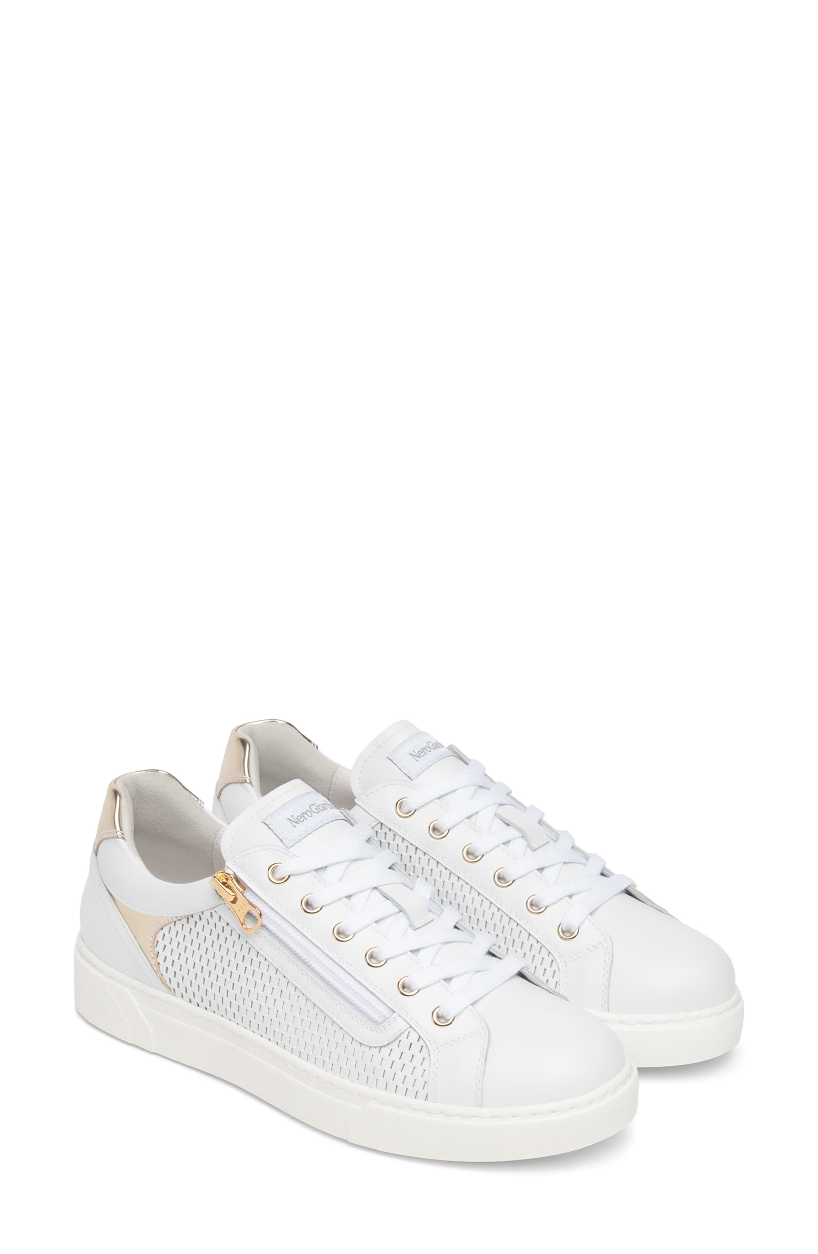 NeroGiardini Perforated Side Zip Sneaker, Main, color, White