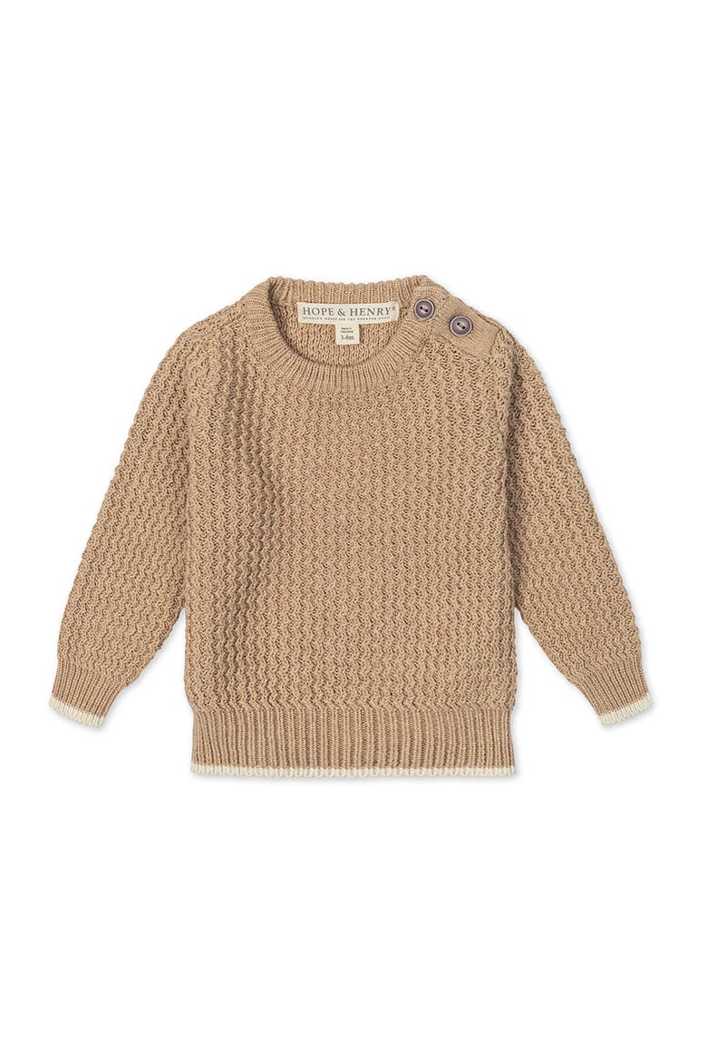 Kids' Organic Long Sleeve Crewneck Sweater with Buttons, Main, color, Camel Heather Herringbone