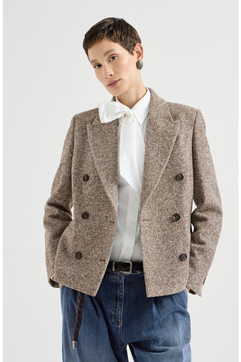 Virgin wool and silk mélange diagonal blazer with monili, Main, color, Brown
