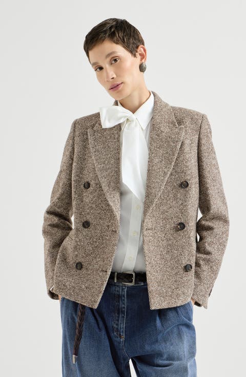 Virgin wool and silk mélange diagonal blazer with monili