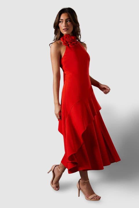 High Neck Corsage Detail Midi Dress