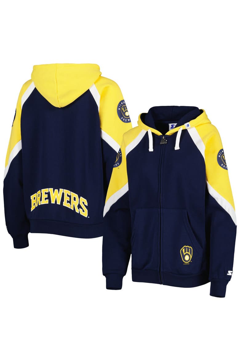 Women's Starter Navy/Gold Milwaukee Brewers Hail Mary Full-Zip Hoodie, Main, color, Navy