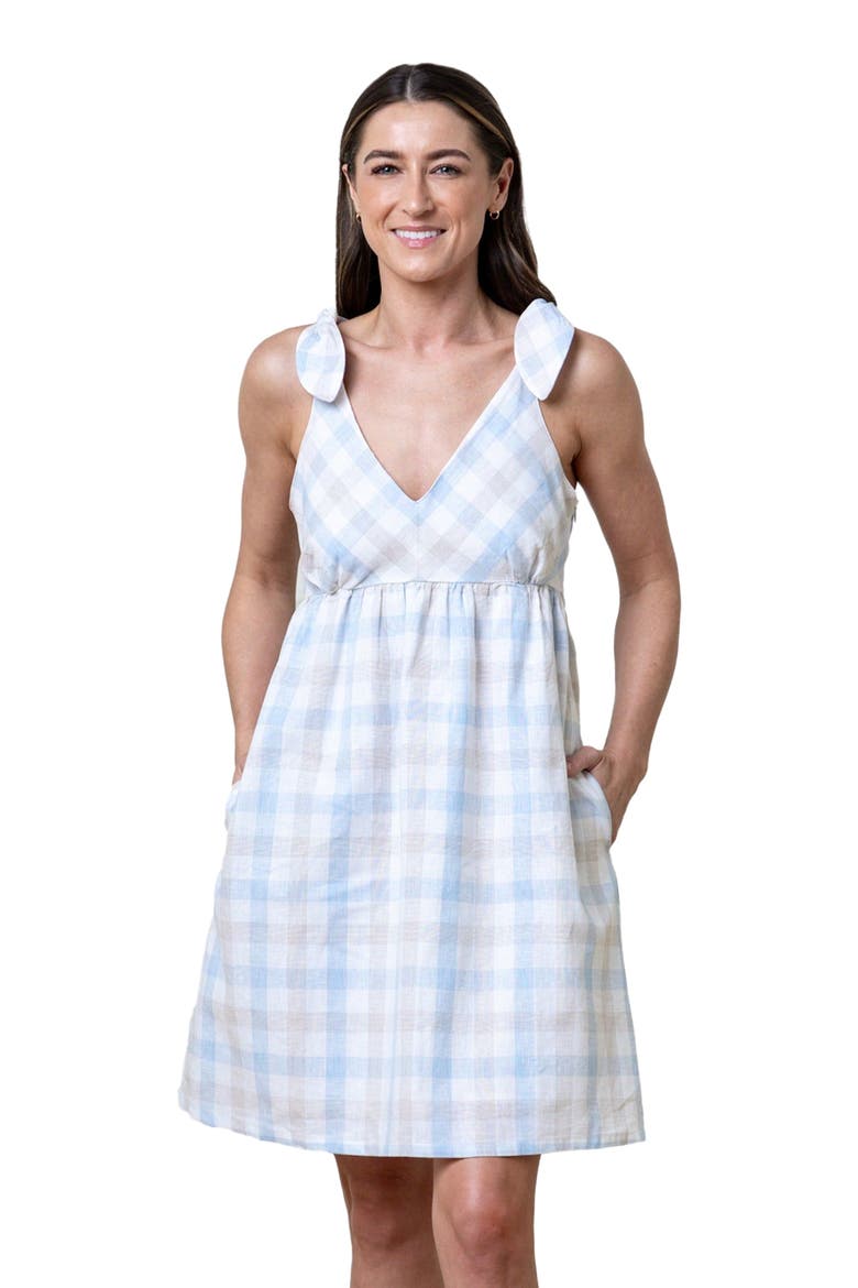 Women's Sleeveless Bow Shoulder Dress, Alternate, color, Classic Blue and Taupe Check