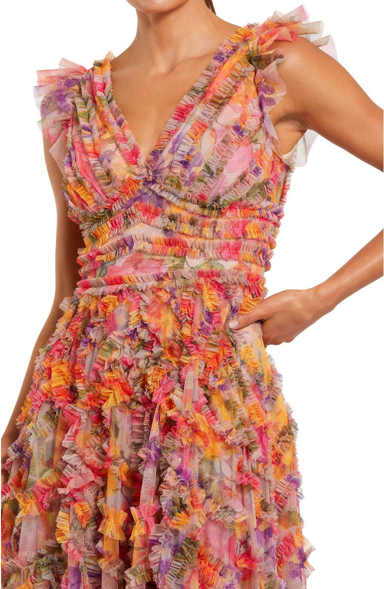 Mac Duggal Women's Printed Floral Mesh Ruffle V Neck Maxi Dress, Alternate, color, Multi