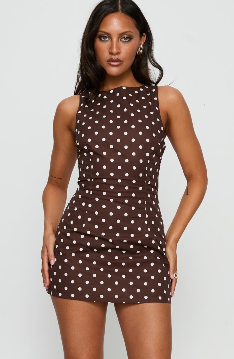 Princess Polly Yumiko Polka Dot Sleeveless Skirted Romper, Alternate, color, Brown Polka