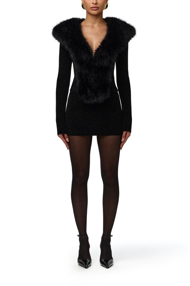 Faux Fur Collar Cardigan, Alternate, color, BLACK