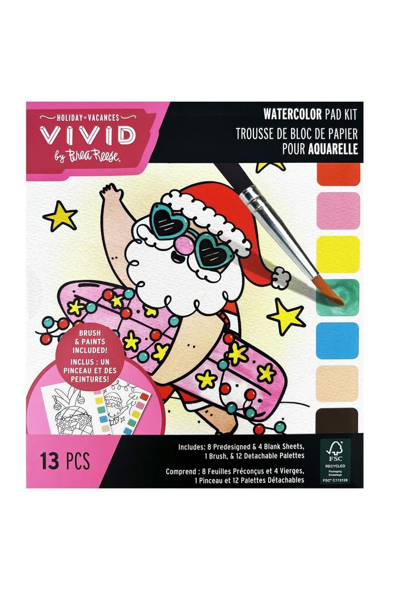 Watercolor Pad Kit, Surfing Santa, 8 Christmas Designs, Main, color, Multicolored