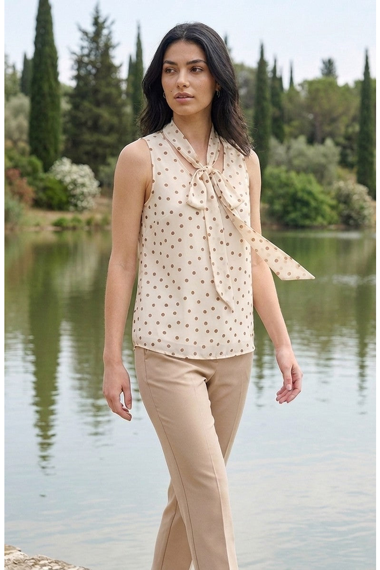 Sleeveless Tie Neck Polka Dot Blouse, Alternate, color, Beige