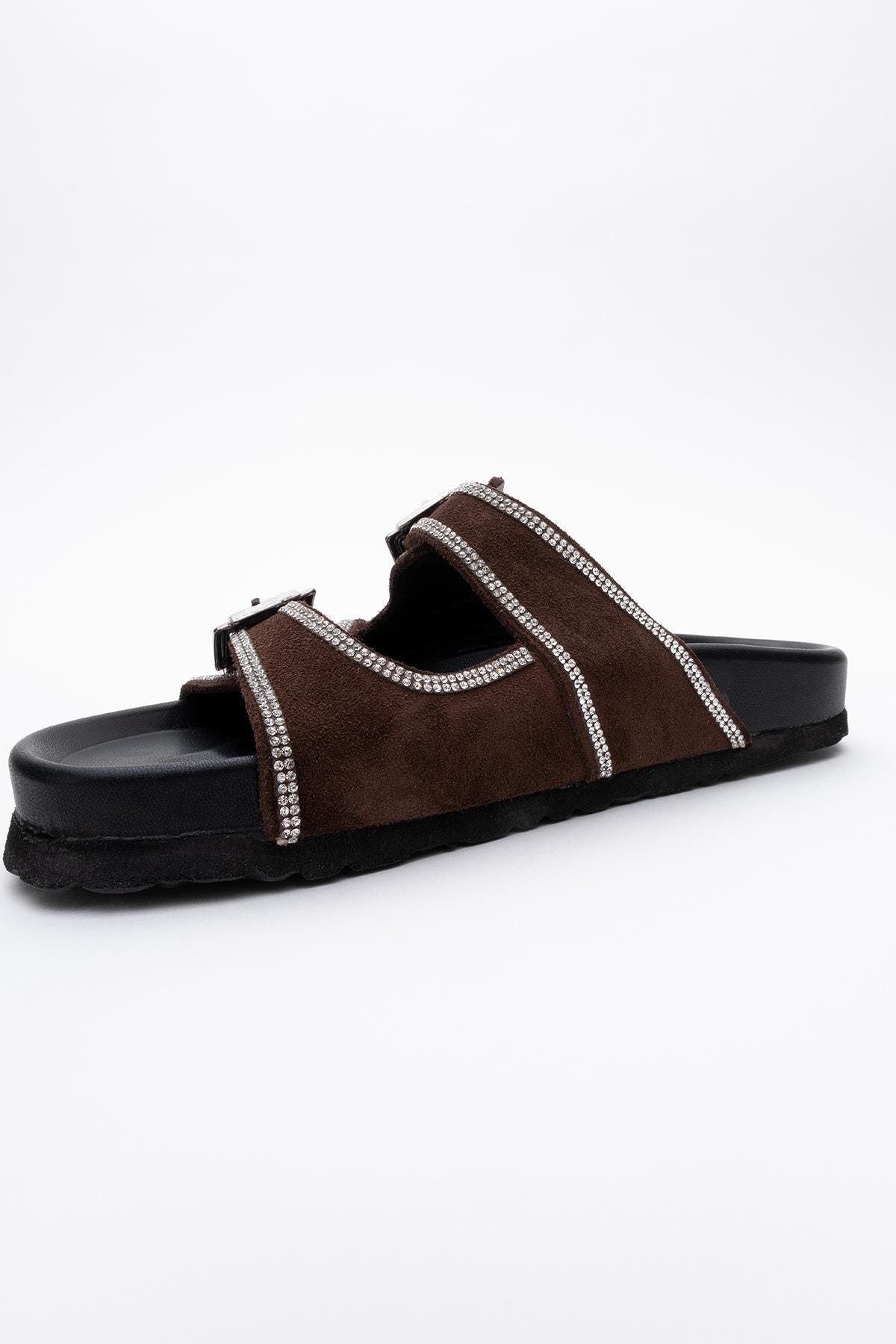 Allen Rhinestone Leather Slide Sandal, Alternate, color, Brown Suede Leather