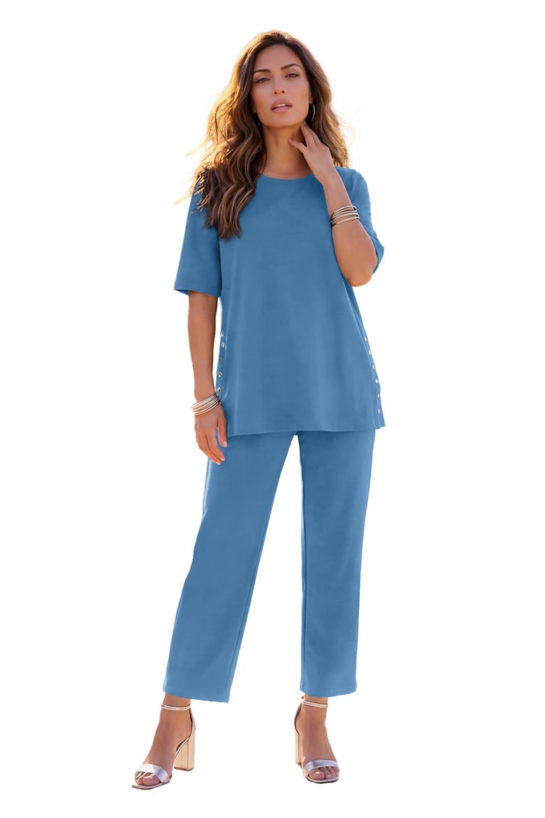 Plus Size French Terry Wide Leg Cropped Pant Set, Main, color, DUSTY INDIGO