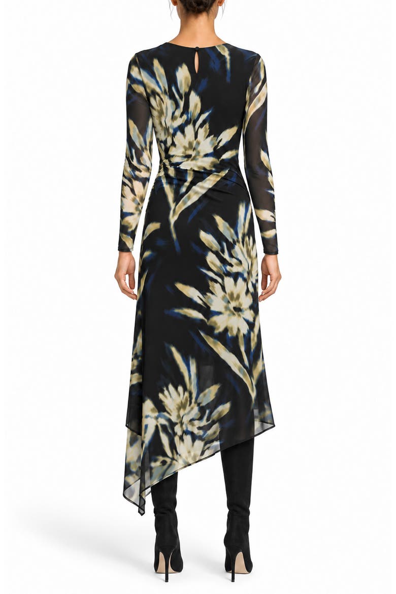Asymmetric Mesh Long Sleeve Midi Dress, Alternate, color, INKY FLORAL