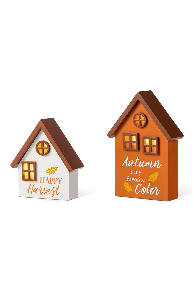 Set of 2 Lighted Fall Wooden House-shaped Table Decor, Main, color, Orange