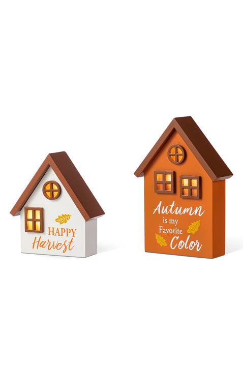 Set of 2 Lighted Fall Wooden House-shaped Table Decor