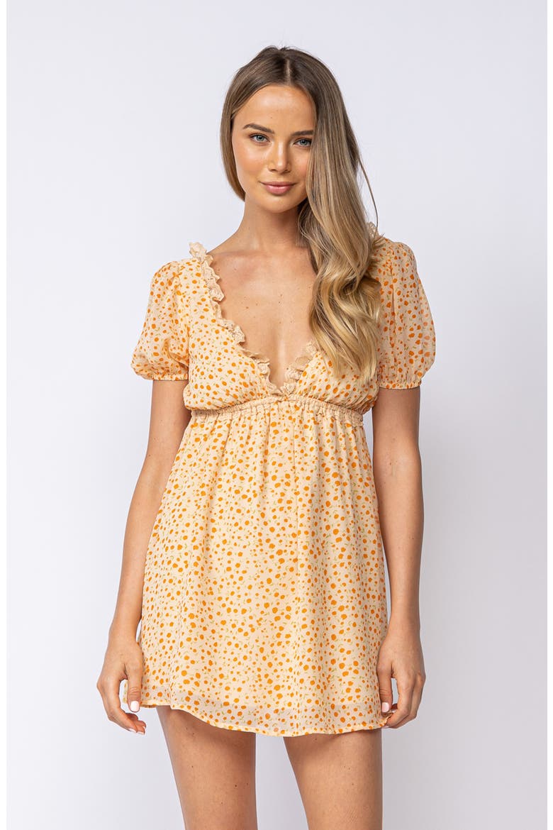 Ditsy Floral Puff Sleeve Open Back Minidress, Alternate, color, LIGHT ORANGE