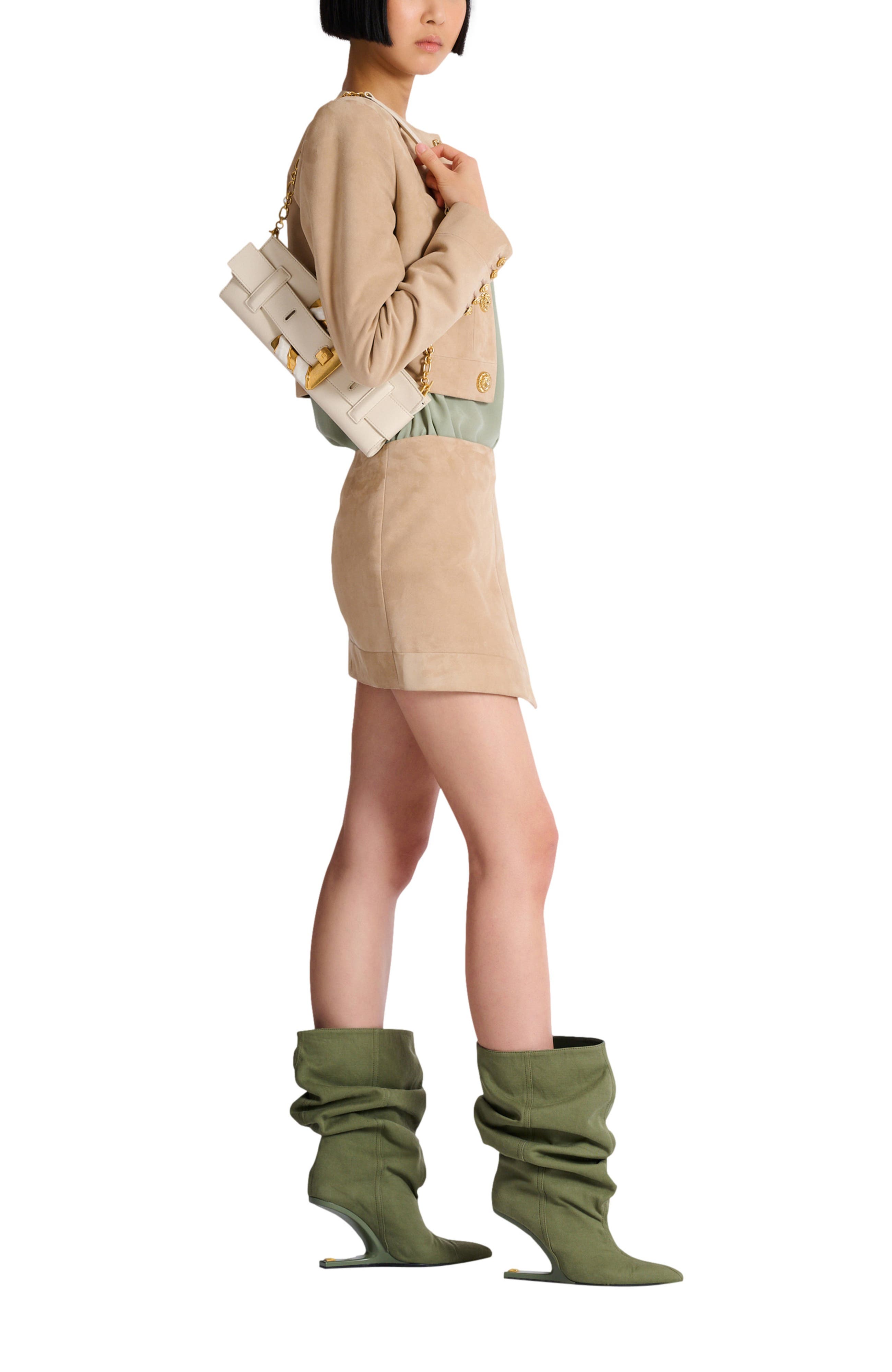 Balmain Anthem lambskin and enamel clutch, Alternate, color, Beige