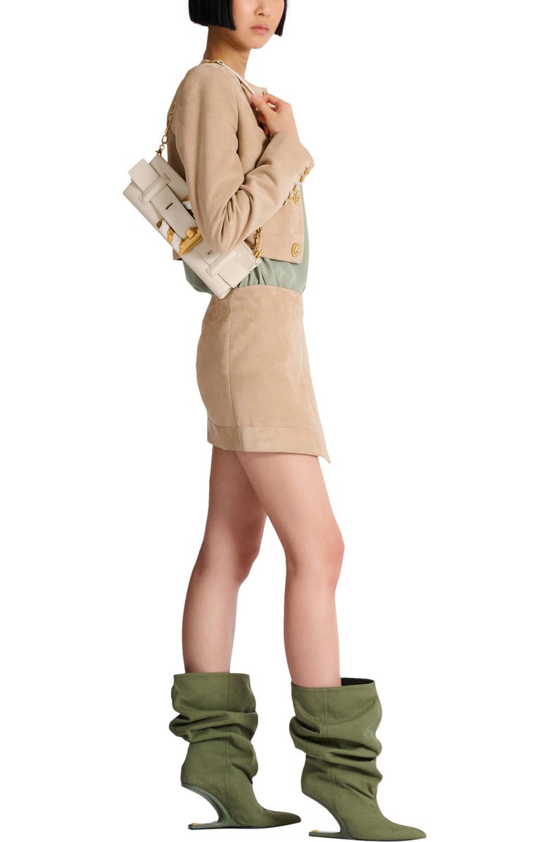 Balmain Anthem lambskin and enamel clutch, Alternate, color, Beige