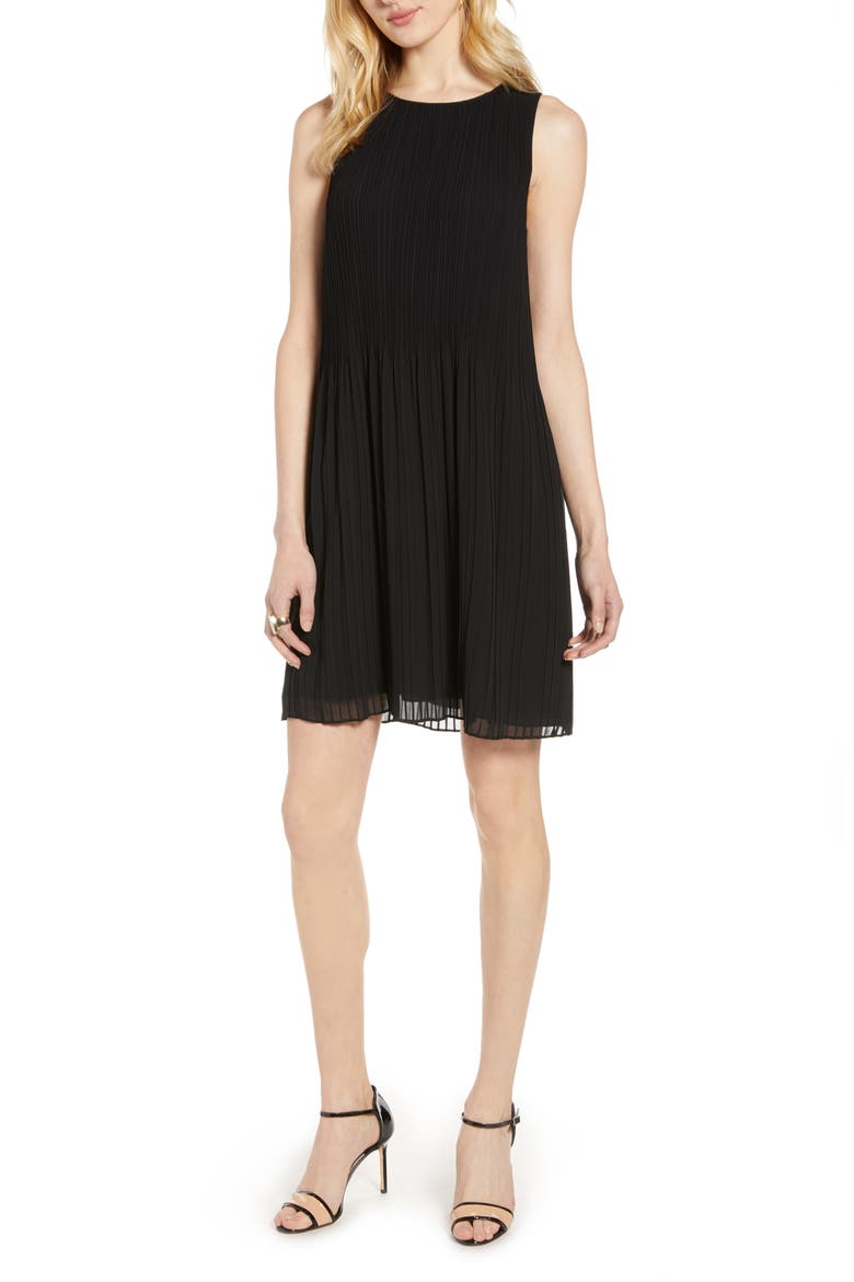 Pleated Sleeveless Shift Dress, Main, color, BLACK