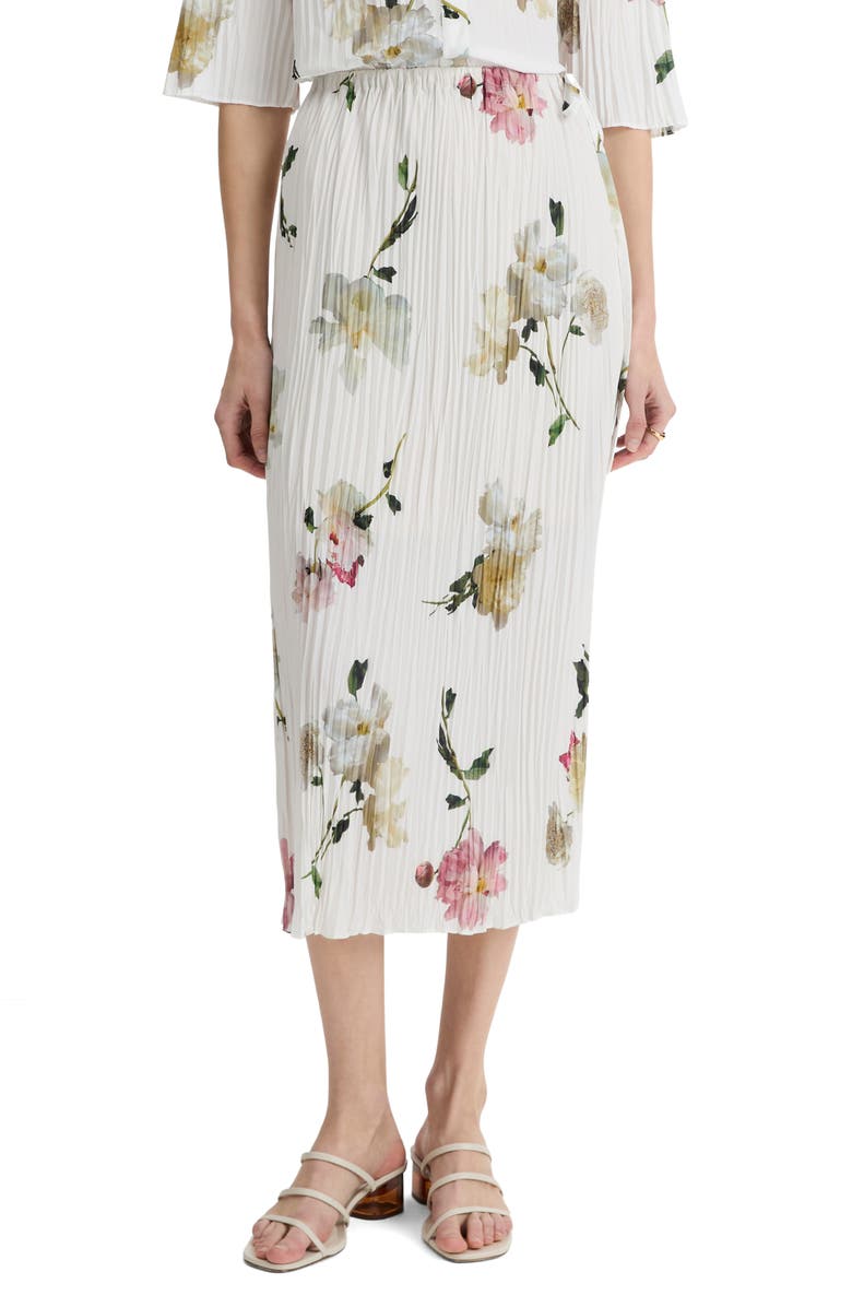 Vince Wilted Peony Plissé Drawstring Midi Skirt, Main, color, White Peony