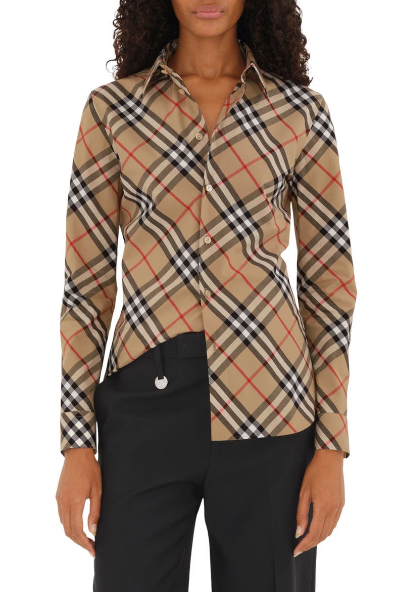 Slim Fit Check Cotton Poplin Button-Up Shirt, Main, color, SAND IP CHECK
