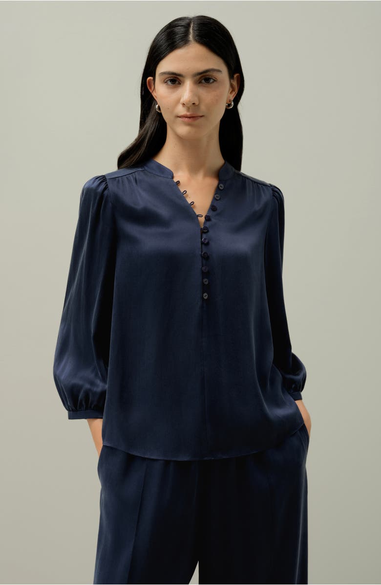 Lilysilk X Melissa Murrell Silk Suede V-Neck Blouse, Alternate, color, Navy Blue