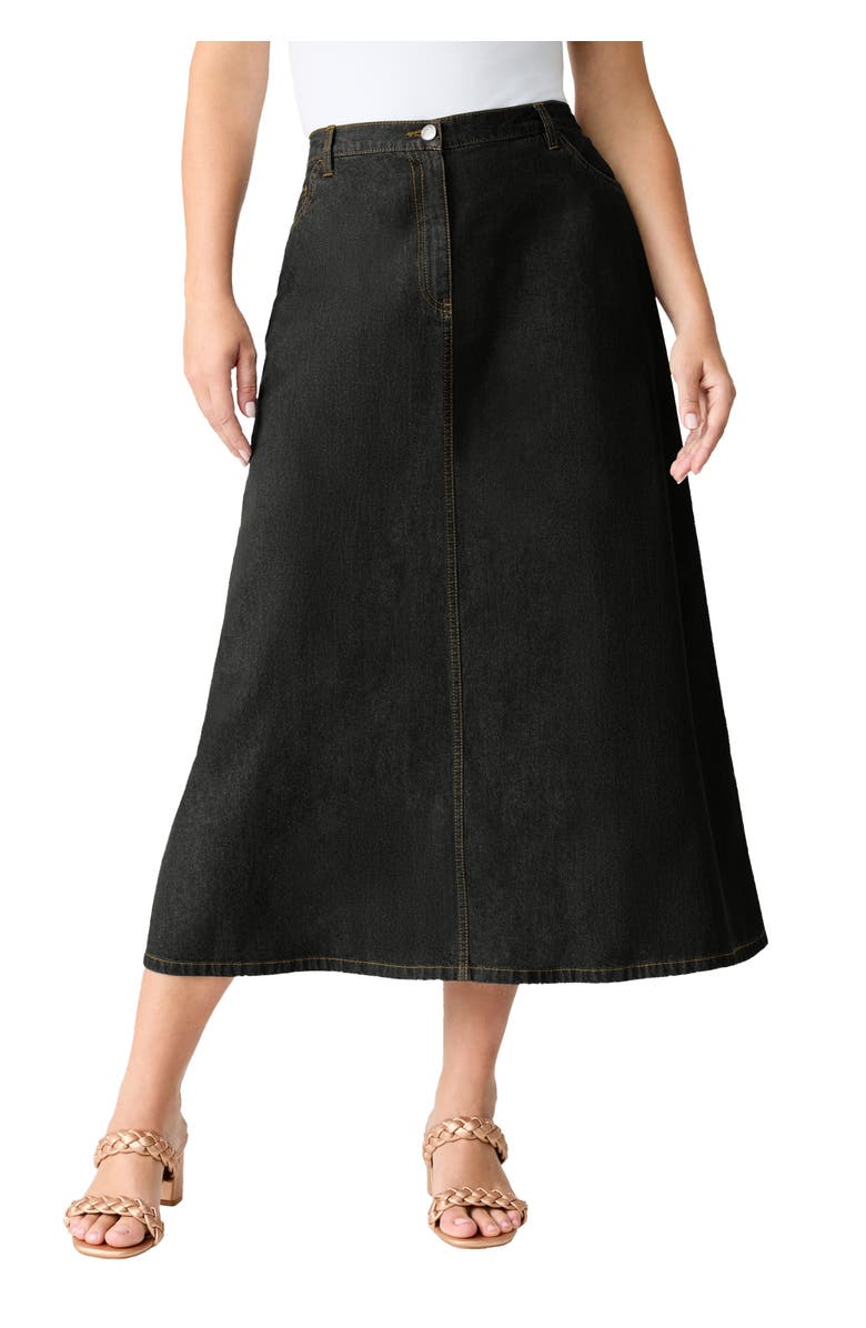 Roaman's Plus Size Easy-Wear A-Line Skirt, Main, color, Black Denim