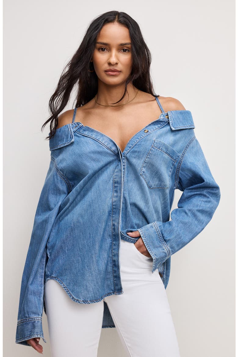 Off the Shoulder Denim Shirt, Alternate, color, INDIGO772