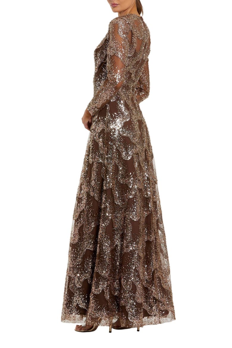 Women's Embellished Mesh Long Sleeve High Neck Gown, Alternate, color, Bronze