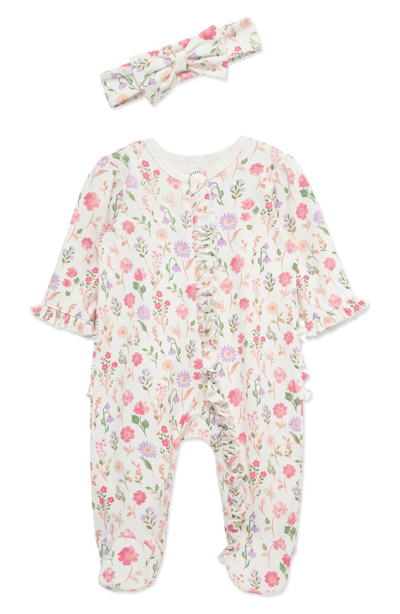 Little Me Meadow Garden Ruffle Cotton Footie & Headband Set, Main, color, Floral