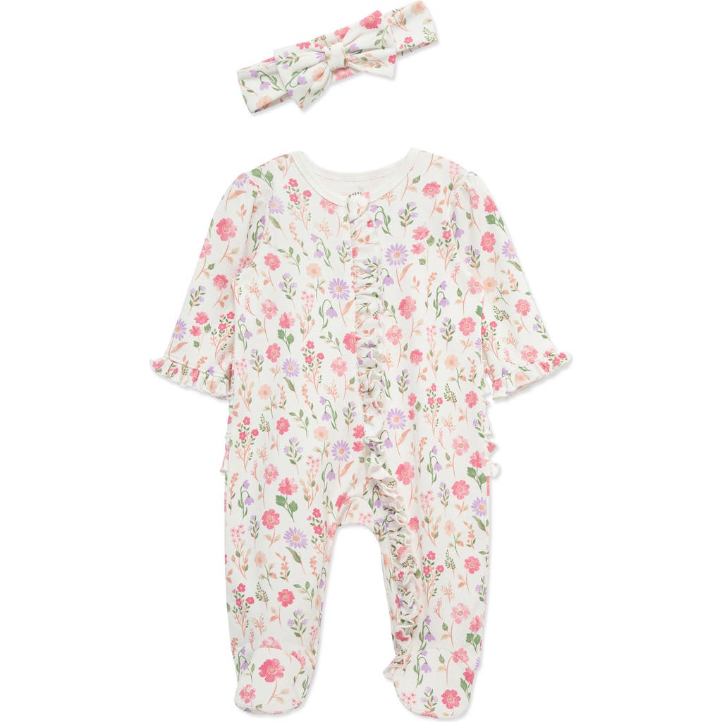 Little Me Meadow Garden Ruffle Cotton Footie & Headband Set In Multi