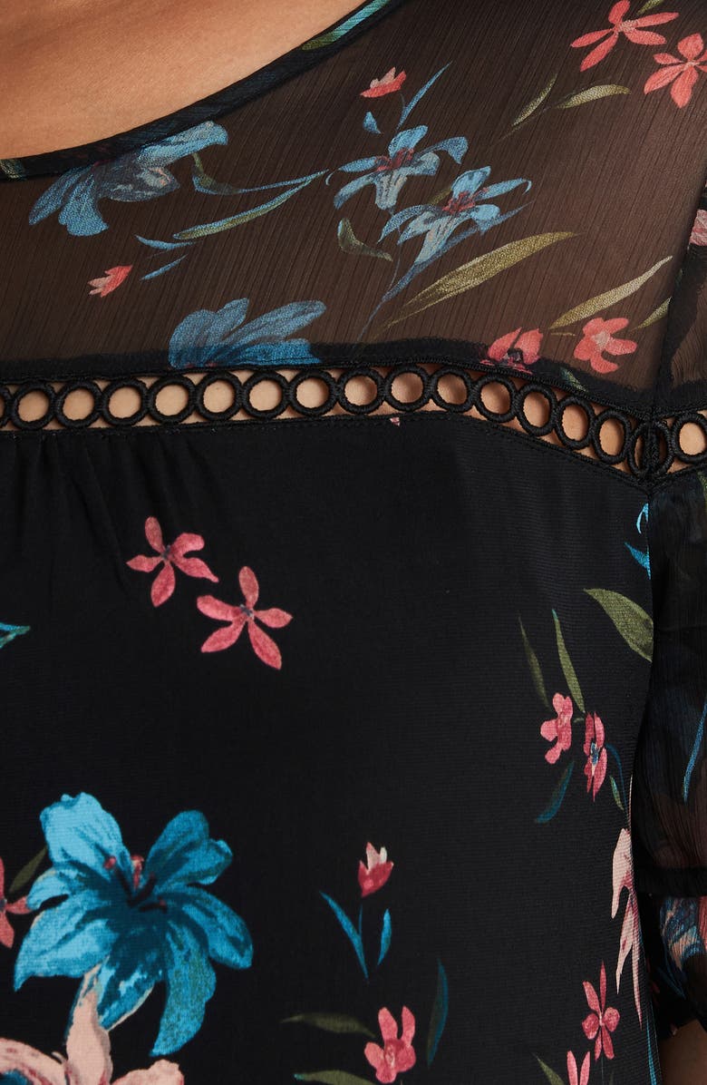 CeCe Expressive Lillies Ruffle Sleeve Mixed Media Dress, Alternate, color, 